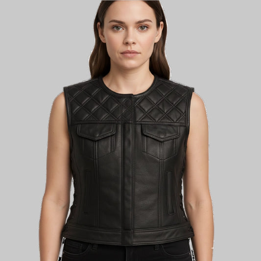 QuiltedBlackMotorcycleVestForWomenFront