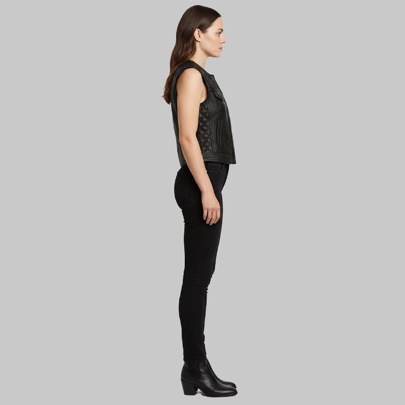 QuiltedBlackMotorcycleVestForWomenSide