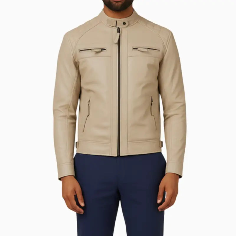 QuiltedDesignBeigeLeatherJacketForMen