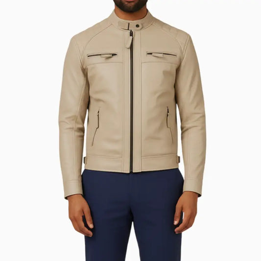 QuiltedDesignBeigeLeatherJacketForMen