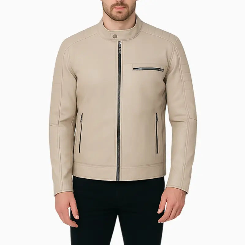 QuiltedStyleGenuineLeatherBeigeJacketForMen