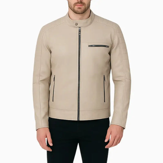QuiltedStyleGenuineLeatherBeigeJacketForMen