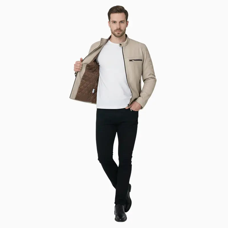 QuiltedStyleGenuineLeatherBeigeJacketMen