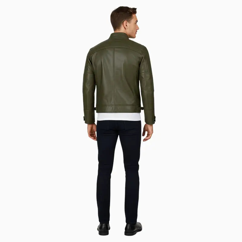 RacerStyleLeatherOliveGreenJacketForMen