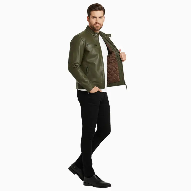RacerStyleLeatherOliveGreenJacketMen