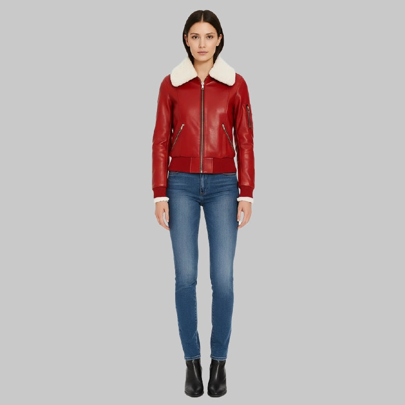 RedAviatorLeatherJacketwithShearlingWomen