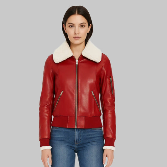 RedAviatorLeatherJacketwithShearlingforWomen