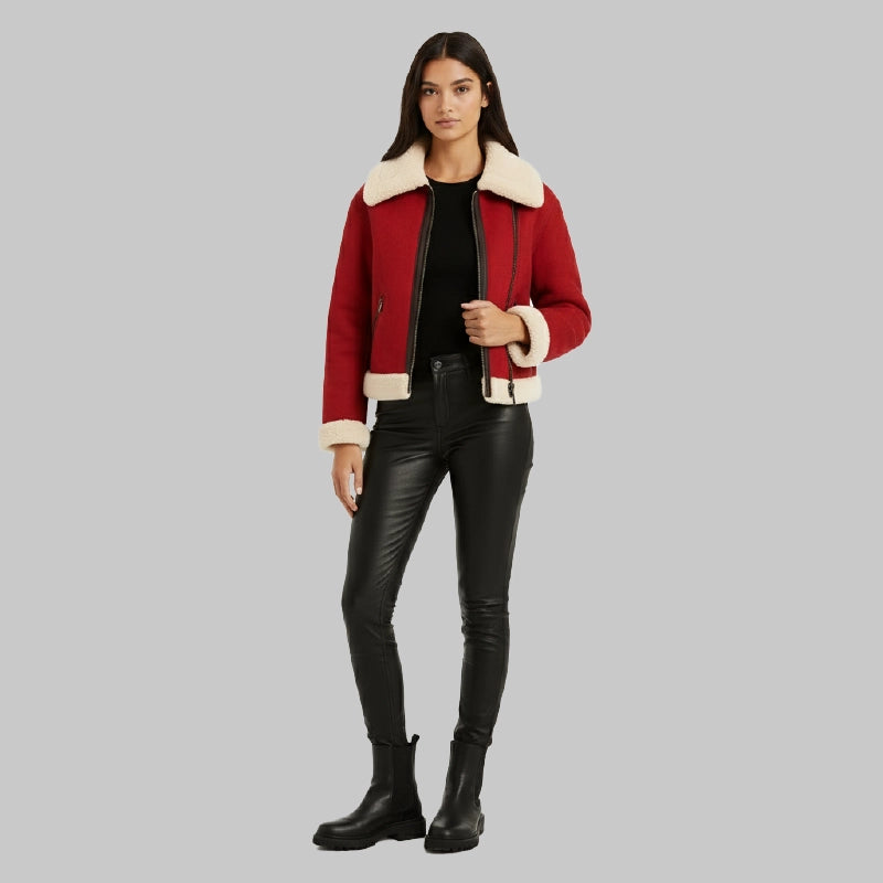 RedAviatorSuedeShearlingLeatherJacketWomen