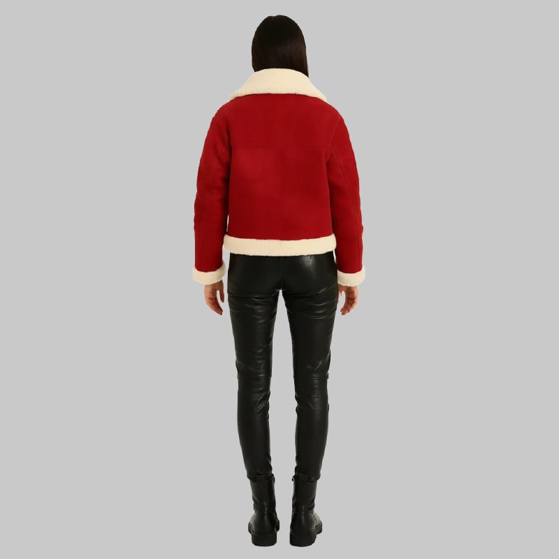 RedAviatorwithShearlingLeatherJacketforWomen