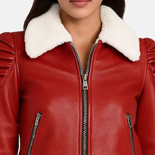 Red Bomber Leather Jacket with Shearling Collar for Women