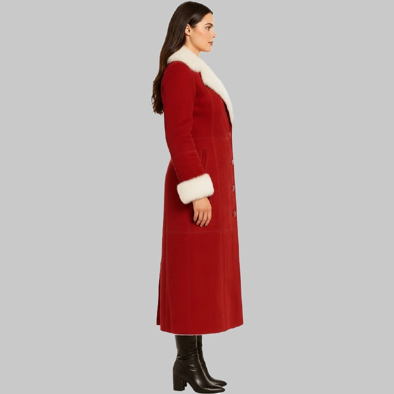 RedBreastedSuedeFurLongJacketforWomen