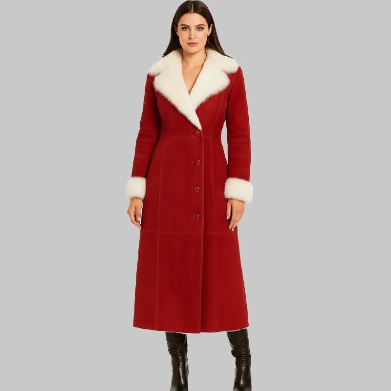 RedDoubleBreastedFurLongJacketforWomen