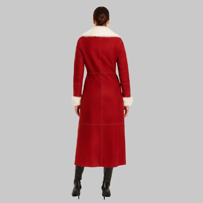 RedDoubleBreastedSuedeFurLongJacketWomen