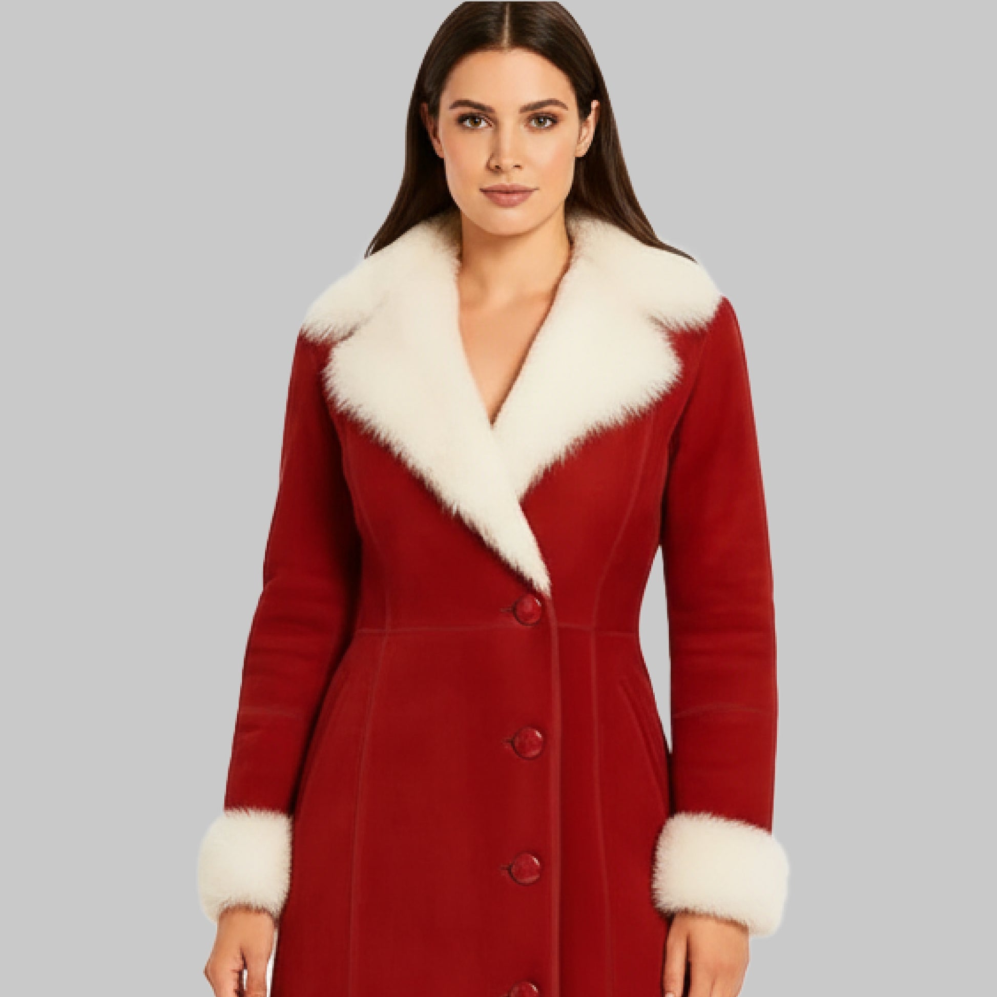 RedDoubleBreastedSuedeFurLongJacketforWomen