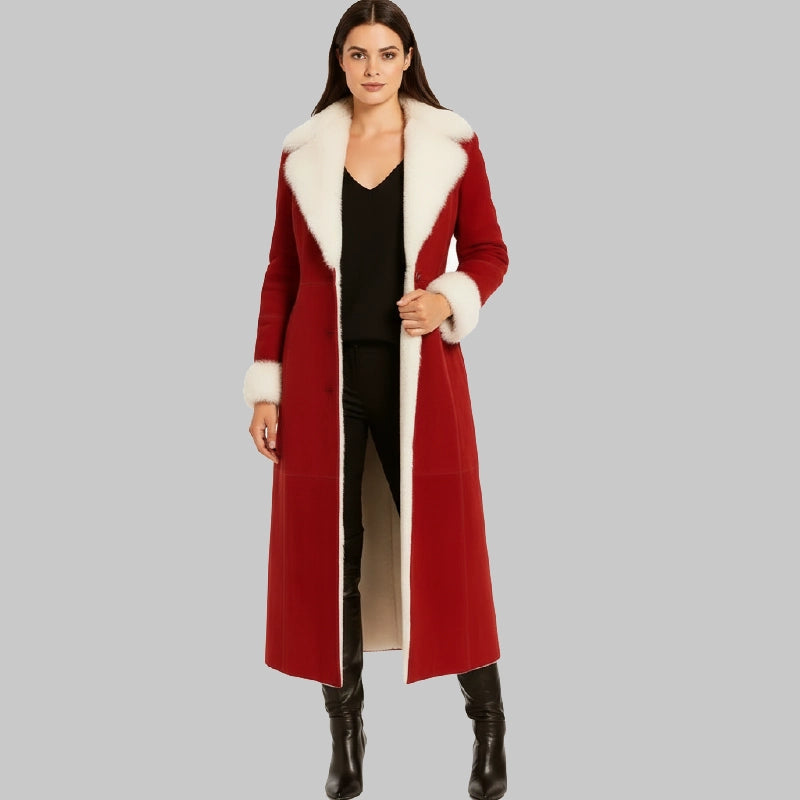 RedDoubleBreastedSuedeLongJacketforWomen
