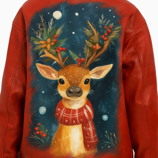Red Shearling Jacket with Little Reindeer Hand Painted for Women