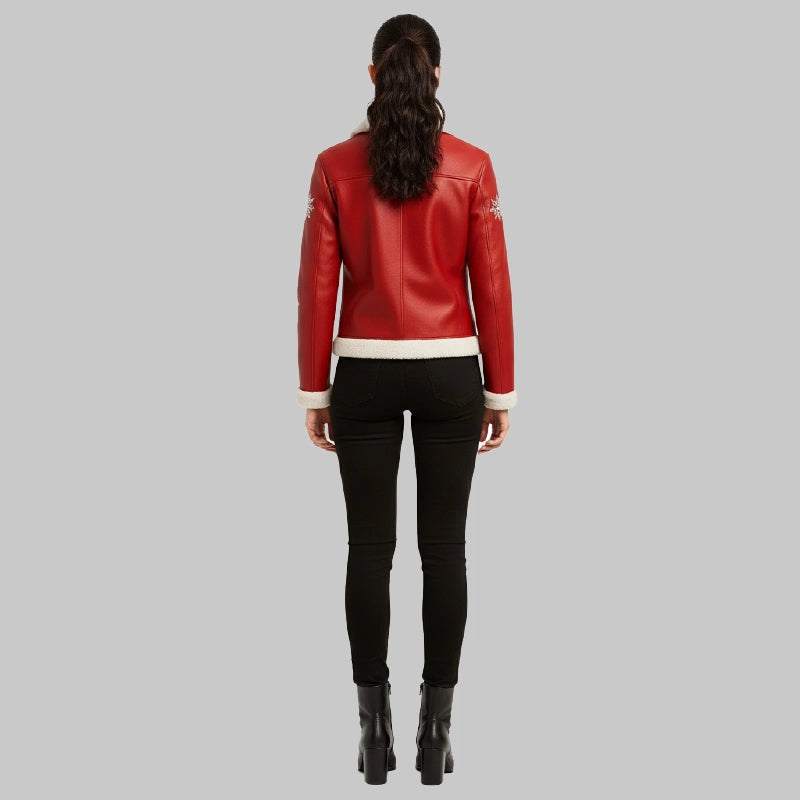 RedLeatherJacketwithShearlingCollarandEmbroidery
