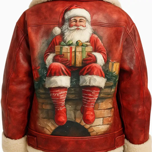 Red Quilted Shearling Leather Jacket with Hand Painted Santa