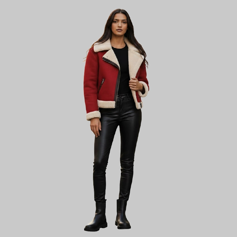 RedSuedewithShearlingLeatherJacketforWomen