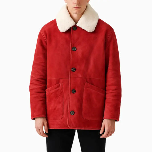 Red Suede with White Shearling Short Coat