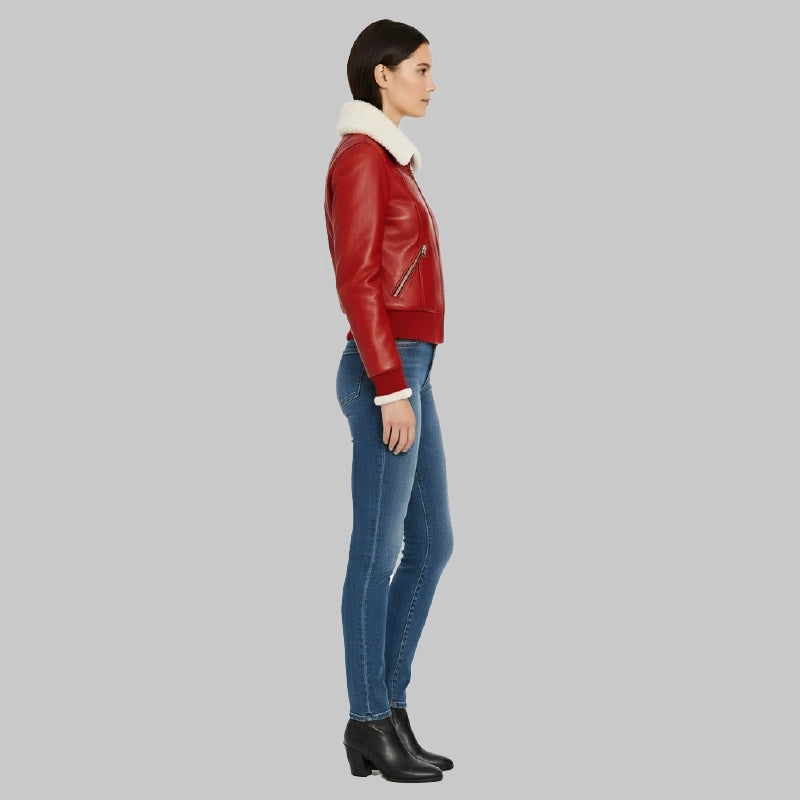 Red Aviator Leather Jacket Shearling for Women