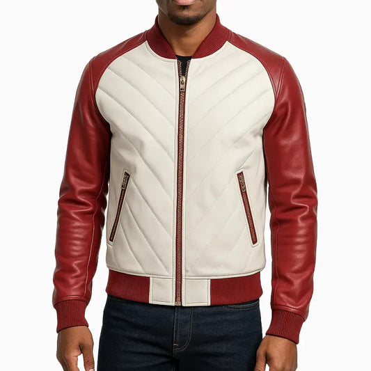 Red and White Men's Sheepskin Bomber Leather Jacket