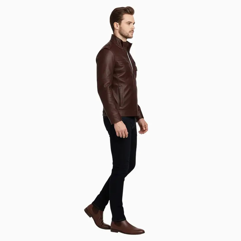 Rib-KnitStyleMatteBrownLeatherCafeRacerJacket
