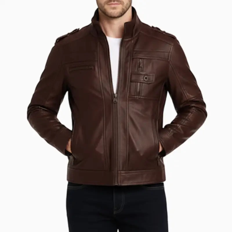 Rib-KnitStyleMen_sMatteBrownLeatherCafeRacerJacket