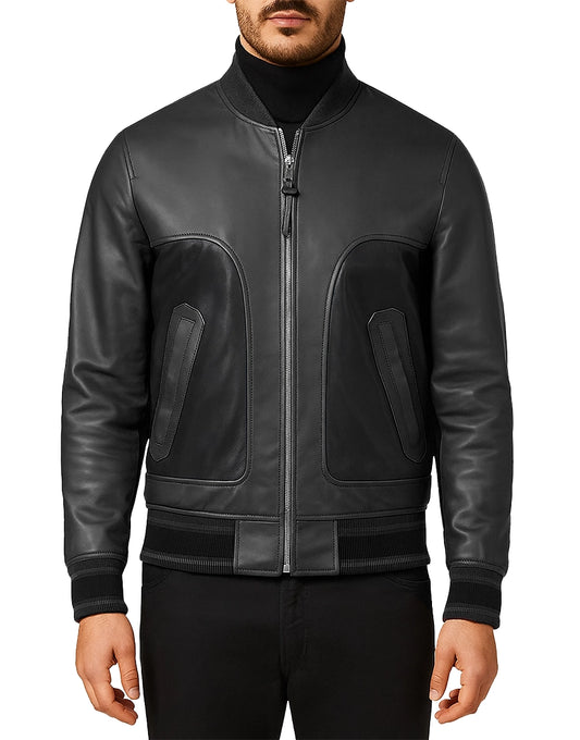 Rib-Knitted Style Black Bomber Leather Jacket For Men