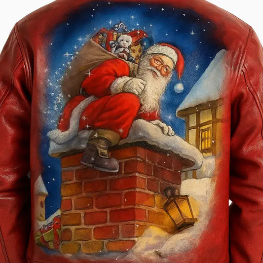 Santa’s Surprises Hand Painted Leather Jacket for Men