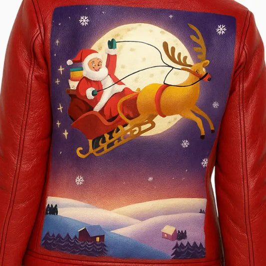Santa and Reindeer Xmas Red Asymmetrical Shearling Leather Jacket