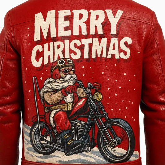 Santa on Wheels Red Xmas Hand Painted Leather Jacket for Men