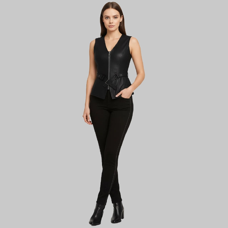 SatinLiningBlackLeatherVestForWomen