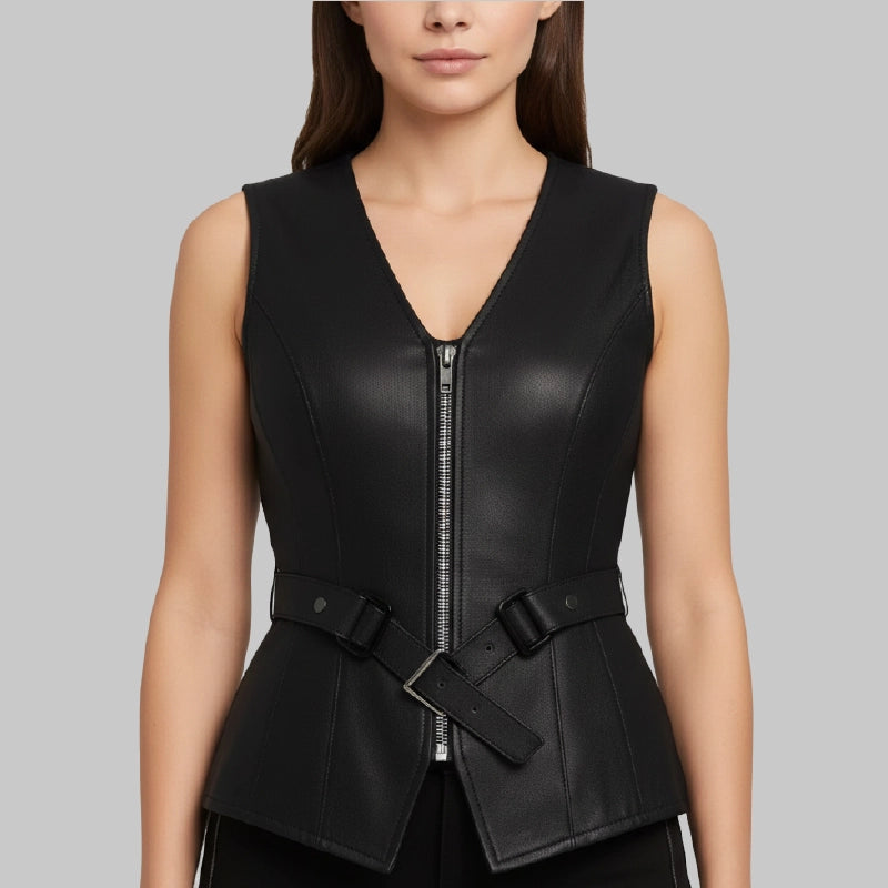 SatinLiningClassicBlackLeatherVestForWomenFront