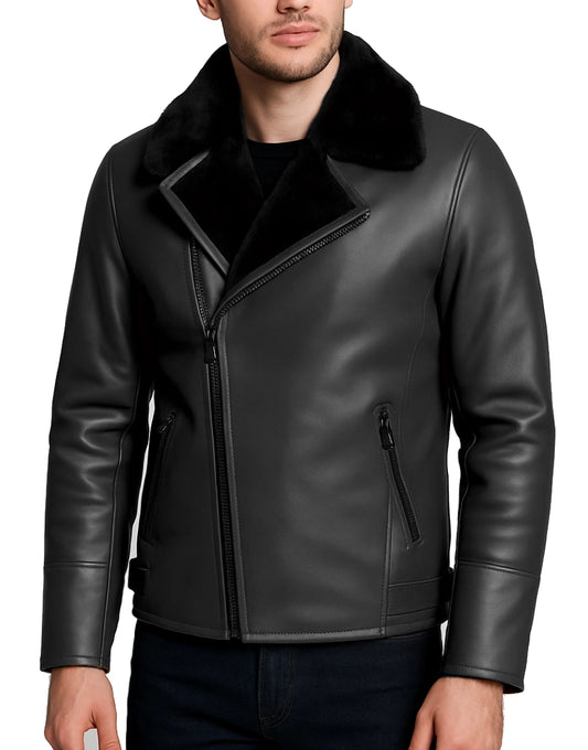 Shearling Lining Asymmetrical Black Leather Jacket For Men
