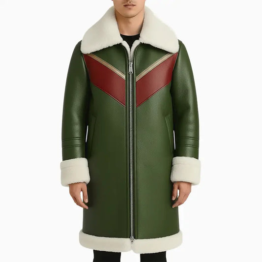 Sheepskin Green Leather Shearling Long Coat for Men