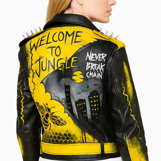 Studded Moto Style Women Leather Jacket with Hand Art