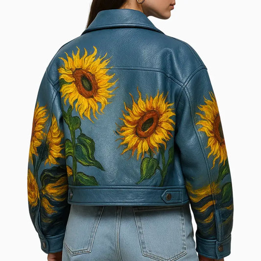 Sunflower Hand Painted Blue Moto Leather Jacket for Women