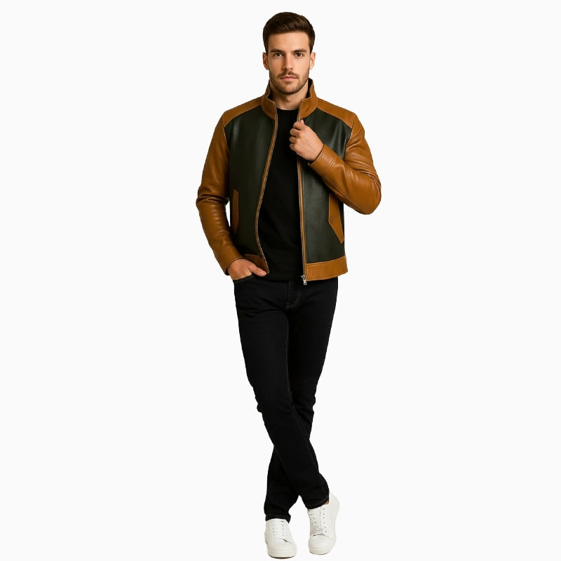Two-TonedBlackBrownCafeRacerLeatherJacketForMen