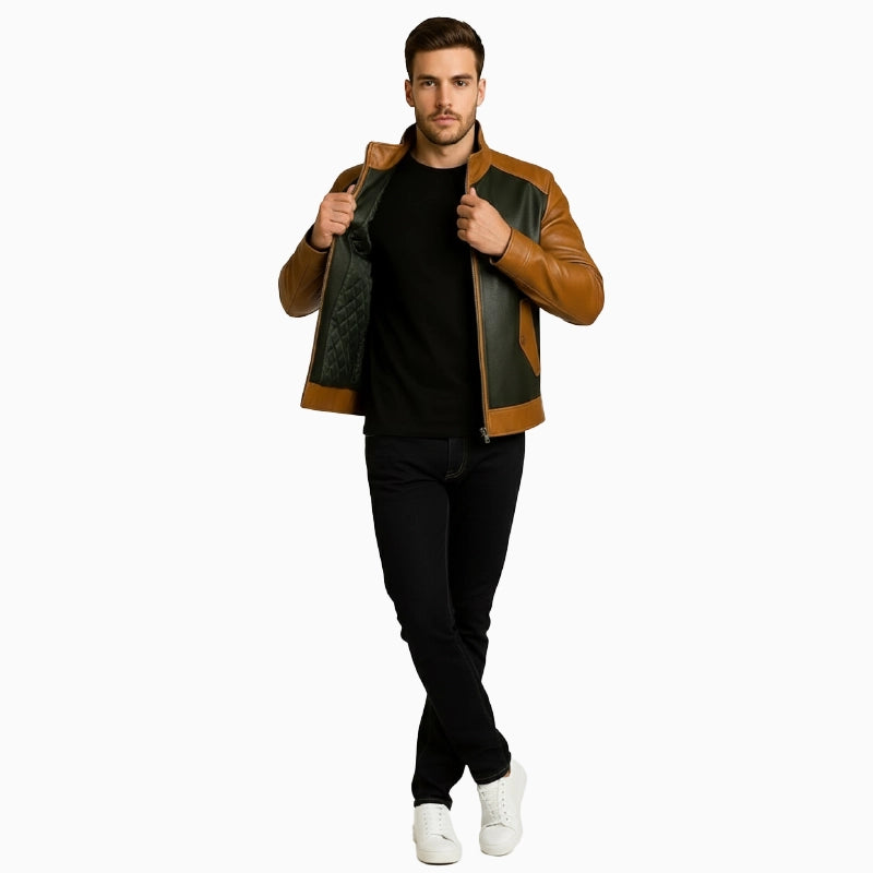 TwoTonedBlackAndBrownCafeRacerLeatherJacketForMen