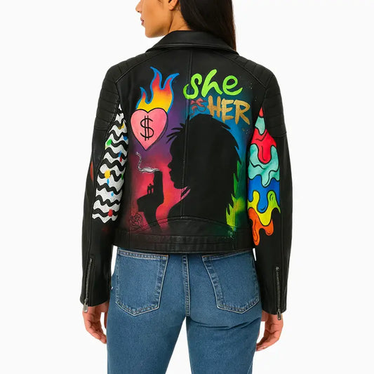 Colorful Hand Painted Asymmetrical Leather Jacket for Women