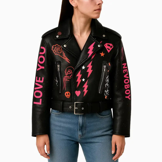 Women’s Black Biker Leather Jacket with Love Painted Art