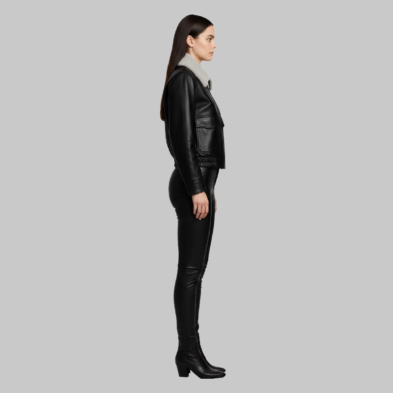 WomenAviatorSolidBlackShearlingJacket