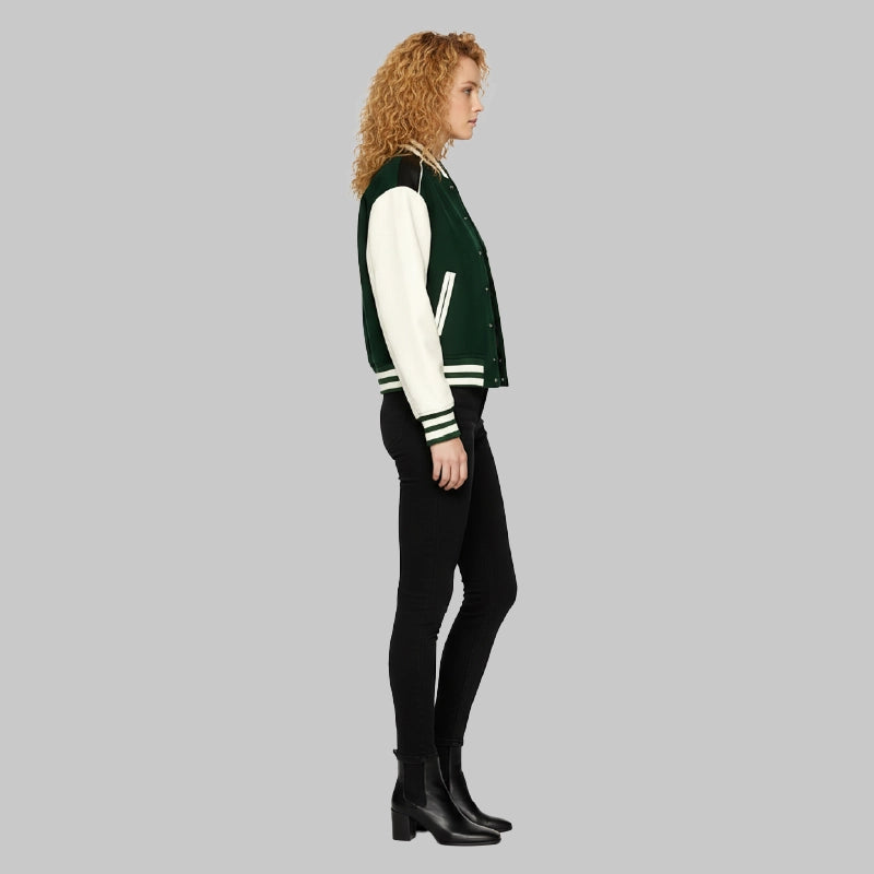 WomenGreenandWhiteVarsityJacket