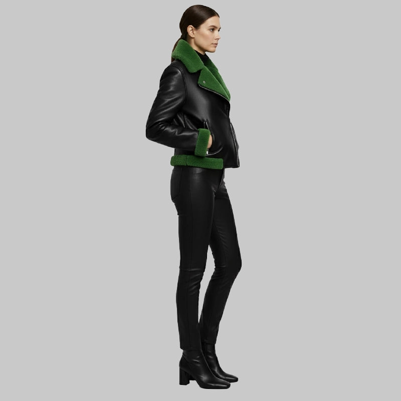 WomenHalloweenBlackWithGreenFurShearlingLeatherJacket