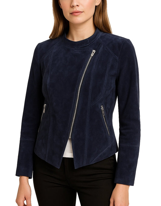 Women Motorcycle Casual Blue Suede Leather Jacket