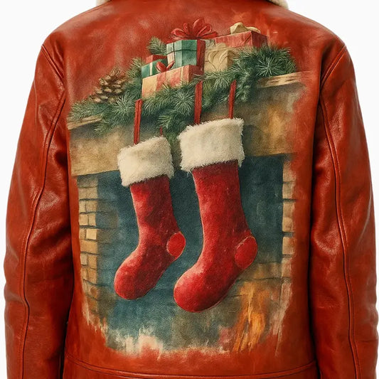 Women Red Quilted Leather Jacket with Hand Painted Xmas Stocking