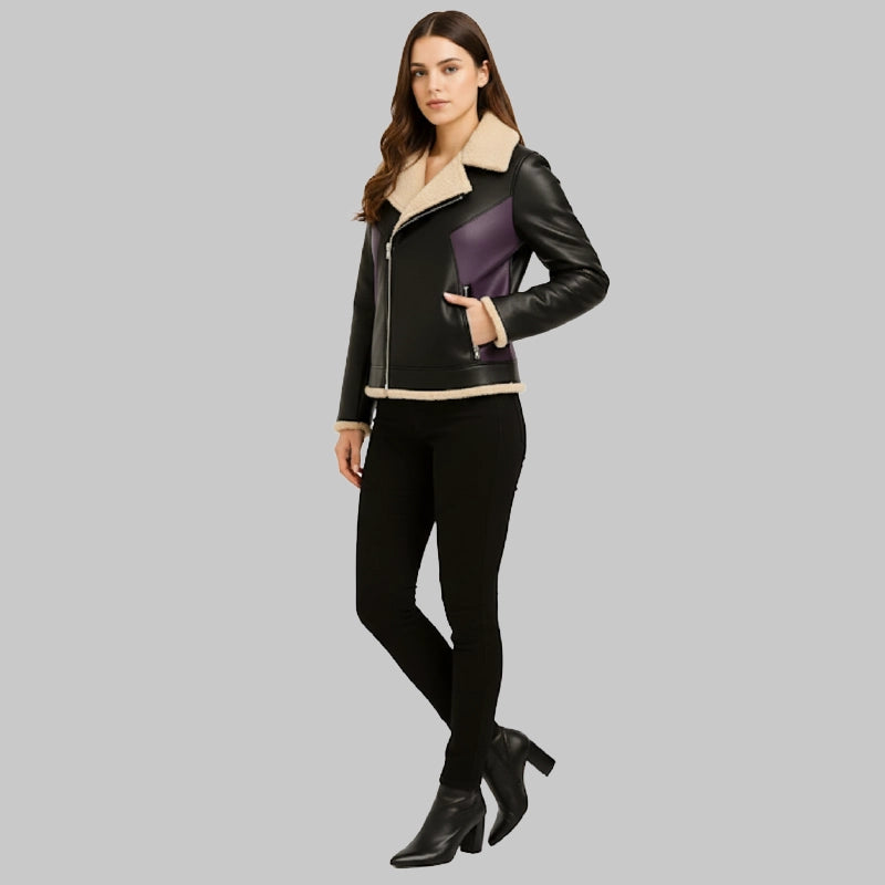 WomenVampireStyleBlackWithPurpleShearlingLeatherBomberJacket
