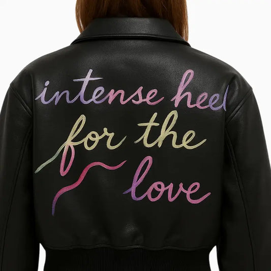 Women’s Black Cropped Aviator Leather Jacket with Hand Painted Art