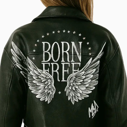 Women’s Cropped Black Moto Leather Jacket with Born Free Design